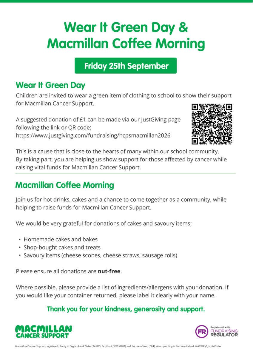 thumbnail of FOHCPS Macmillan Coffee Morning & Wear It Green Day